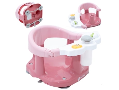 TWINLY Asiento de baño para bebé Silla para bañera con respaldo Barra de seguridad con apertura y 4 ventosas grandes de seguridad Incluye 3 juguete...