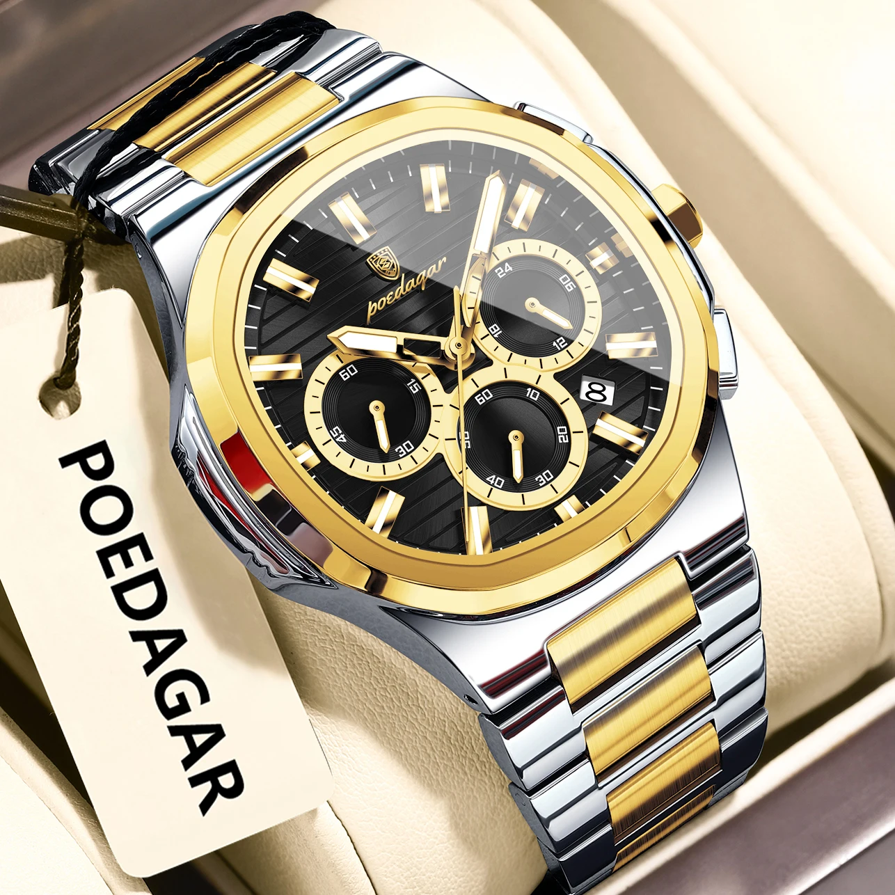 Reloj De Pulsera Para Hombre (caja Dorada, Esfera Negra), Con Indicador De Fecha, Cronógrafo, Resistente Al Agua Y Luminiscente.