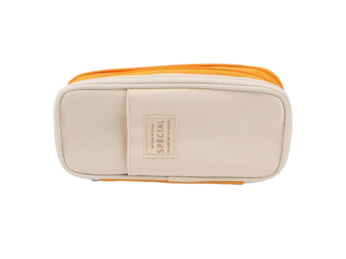 Estuche Grande De Lápices Estilo Simple De Lona Con Bolsillos De Malla Y Cremallera Suave Para Escuela Oficina Viaje Amarillo Y Beige