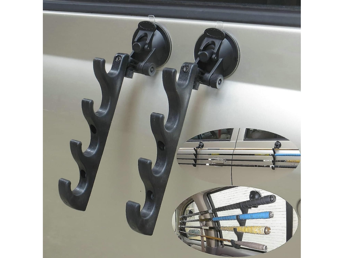Soporte horizontal ajustable 4 cañas pesca con ventosas. Para coche, camión, SUV, barco o vidrio liso. Fácil instalación.