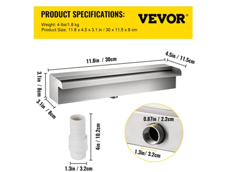 Aliviadero en cascada de fuente de piscina de acero inoxidable con conector de tubería para jardín rectangular al aire libre VEVOR