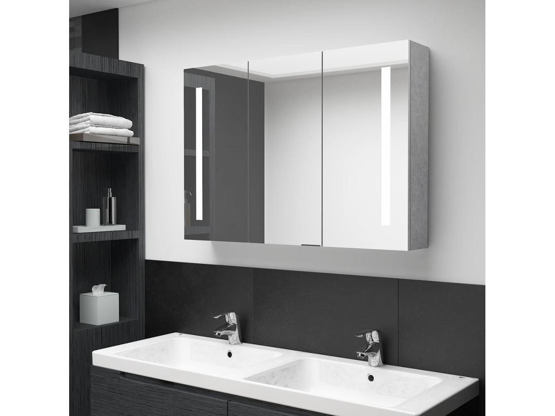 Armario de baño con espejo e iluminación LED, 89x14x62cm, gris cemento.