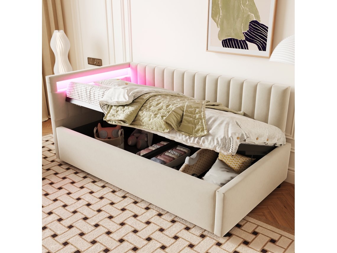 Sofá Cama Tapizado 90x200, Con Iluminación Led Y Almacenaje Hidráulico, Somier, Beige
