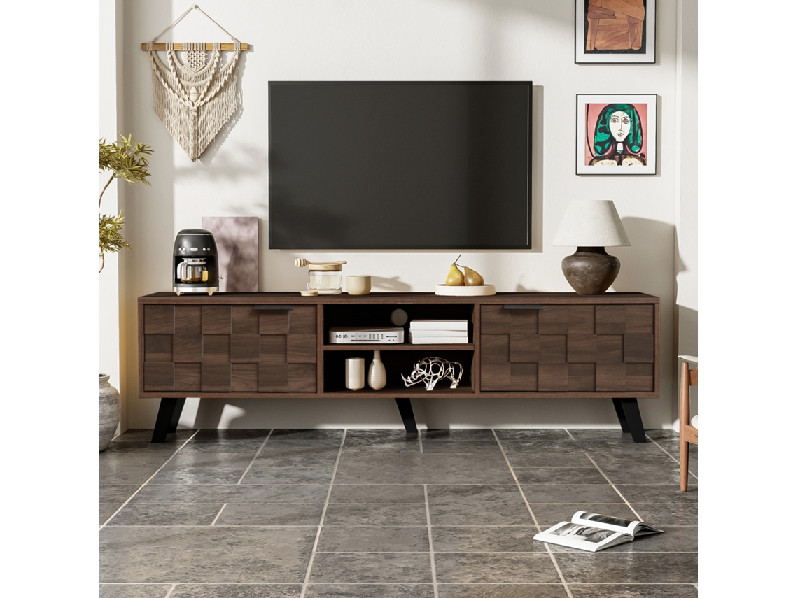 Mueble Para Tv, 160,5x35,5x45 Cm, 2 Puertas, 2 Nichos Abiertos, Bisagras Suaves, Estilo Moderno, Color Madera