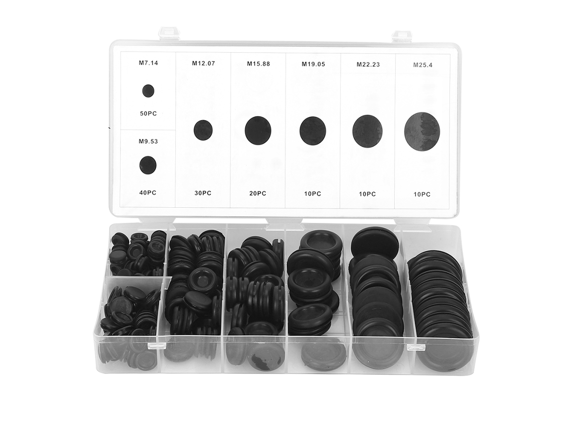 Kit de 170 anillos de sellado de goma para cables eléctricos en caja de plástico.