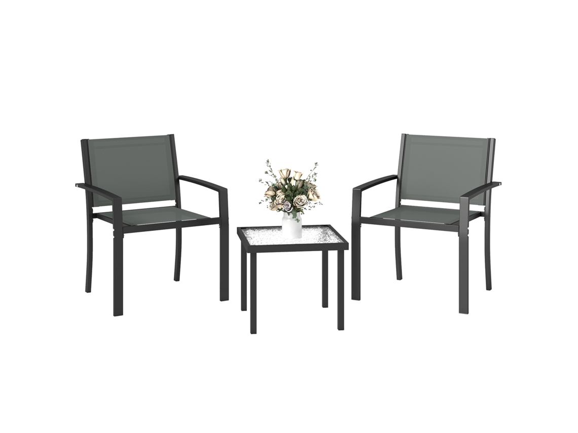 Conjunto Mesa Cadeiras Exterior 3 Peças 2 Cadeiras Textilene Mesa Vidro Cinza Claro