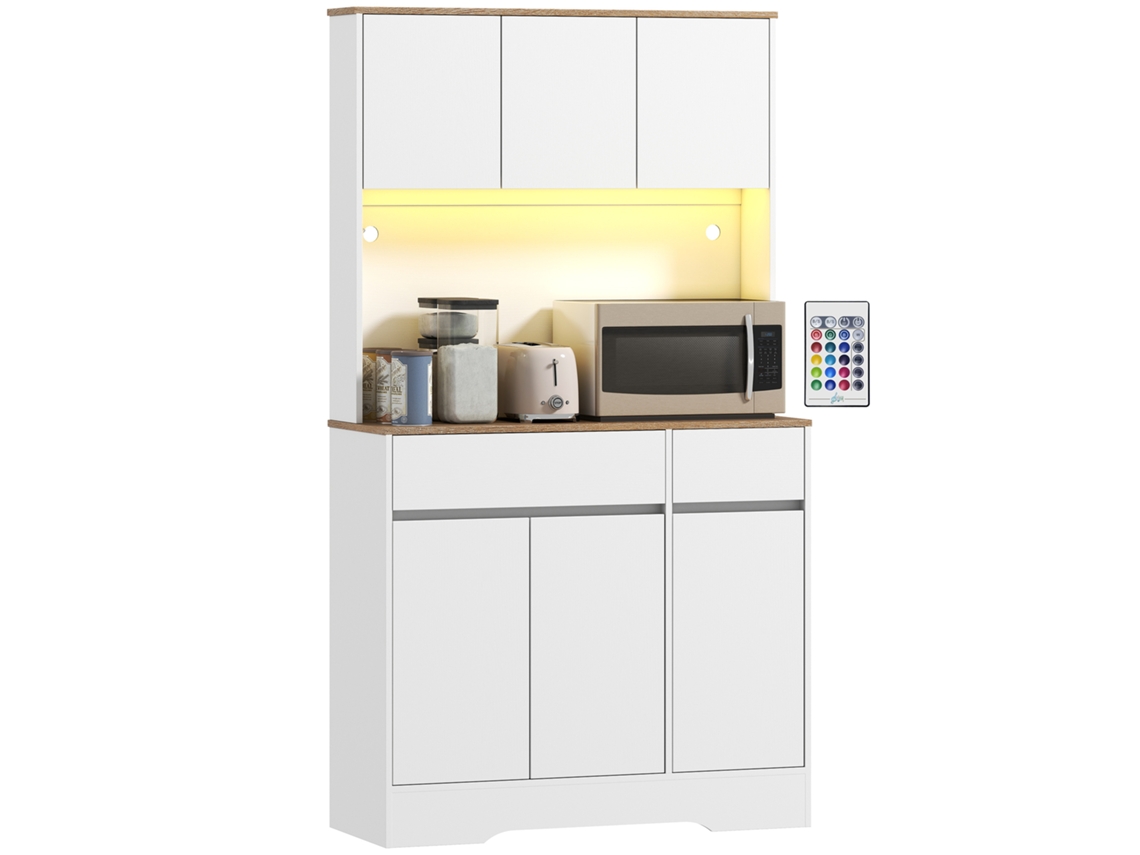 Aparador De Cocina, Mueble Alto Con Iluminación Led Rgb, Encimera, 6 Puertas, 2 Cajones, Blanco.