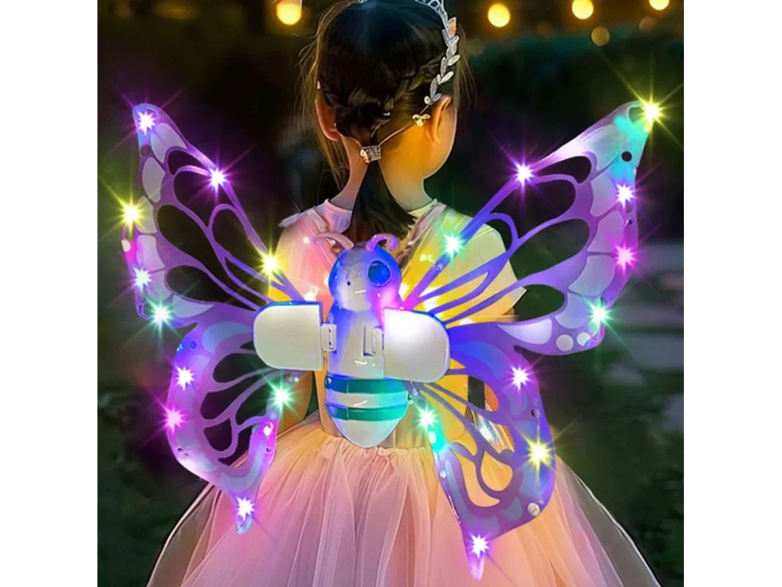 Hada con alas de mariposa en movimiento y luces, decoración navideña. Siurn