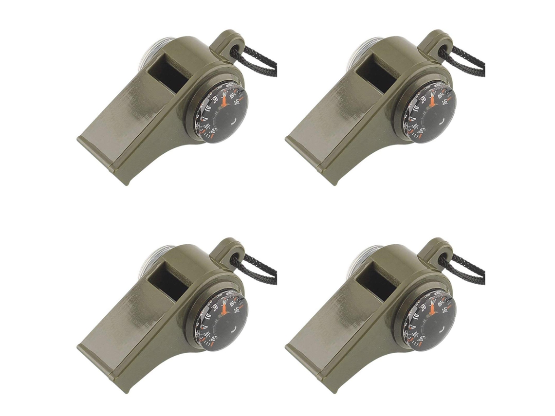 Set 4 Silbatos De Emergencia 3 En 1 - Brújula Y Termómetro Impermeable Para Exterior - Abs - Verde Militar
