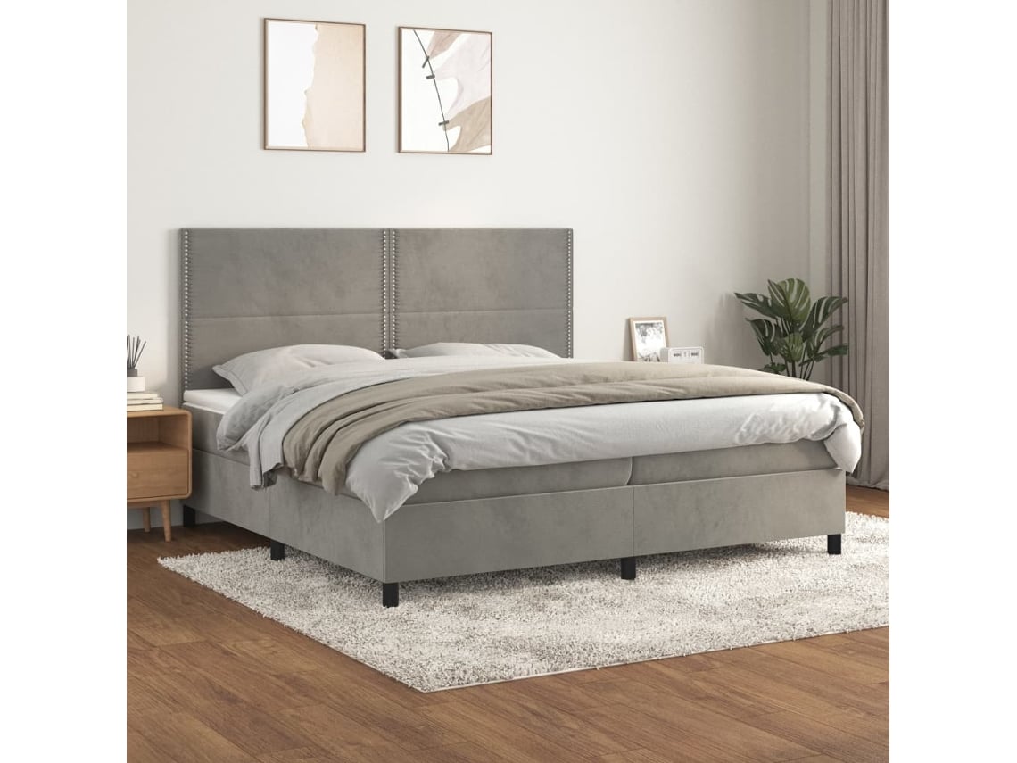Cama Box Spring Con Colchón Terciopelo Gris Claro 200x200 Cm