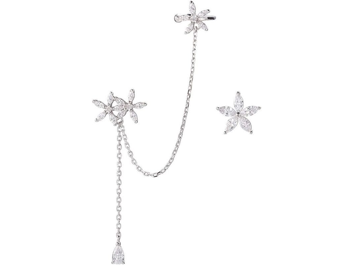 Orejeras Asimétricas Margarita De Plata 925 Con Piedras Cz Y Rhodio Hipoalergénicas