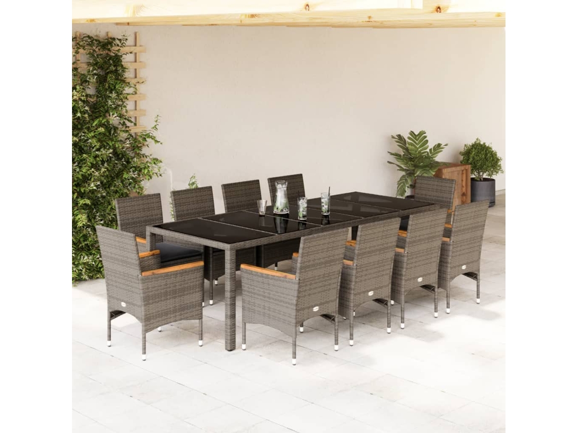 Juego de comedor de jardín de 11 piezas con cojines, mimbre, polietileno y vidrio, gris, Dkd Home Decor