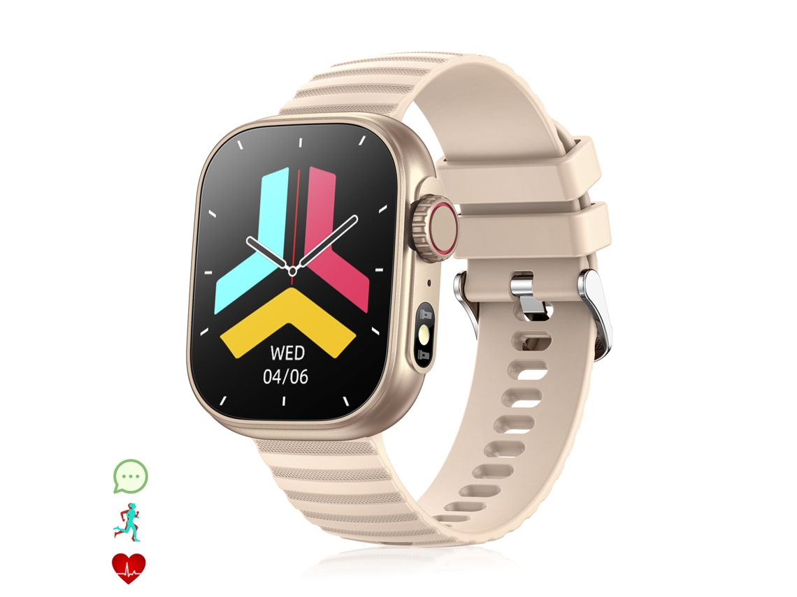 Smartwatch Zw39 con notificaciones de apps, llamadas Bluetooth y monitor de presión arterial y oxígeno. 3,7 x 1,1 x 4,7 cm. Color dorado.