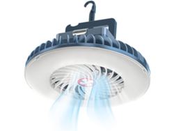 Ventilador silencioso con luz LED interna, batería recargable mediante USB, accesorios para camping.