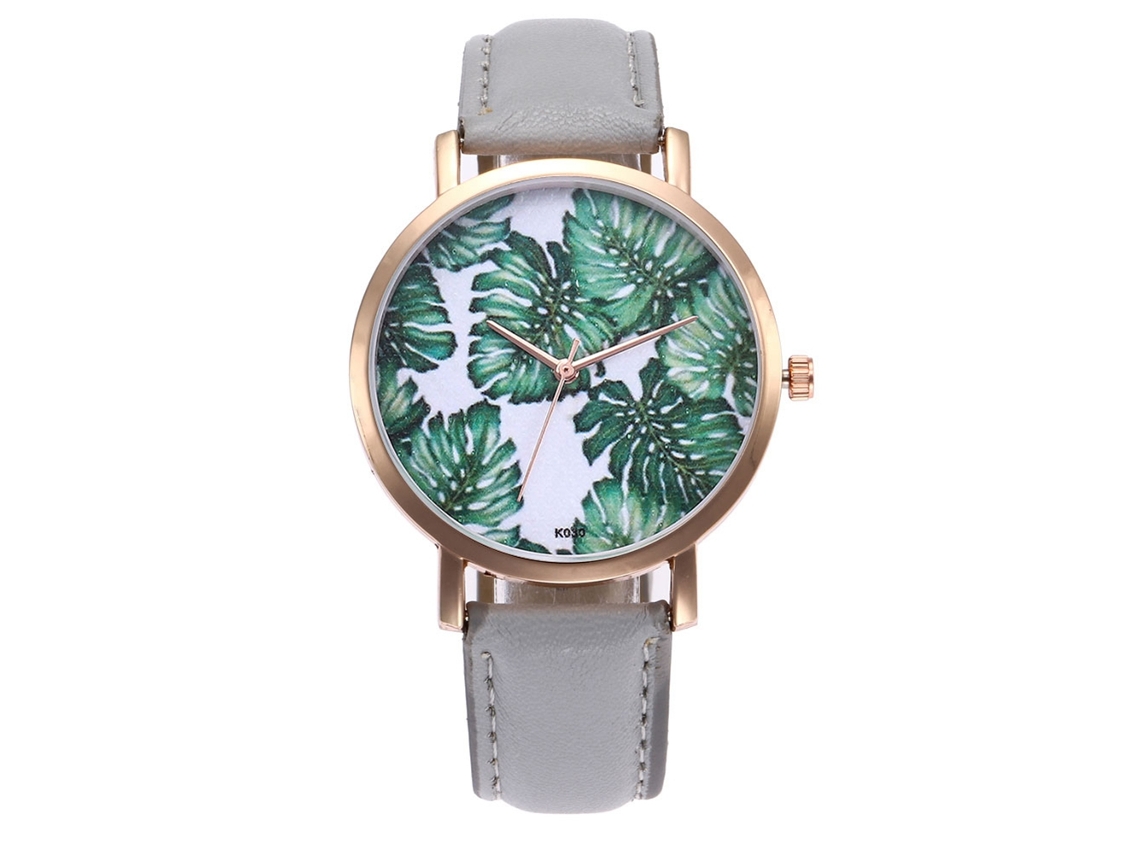 Reloj De Pulsera De Cuarzo Zhoulianfa Con Correa De Pu Con Estampado De Hojas Grises.