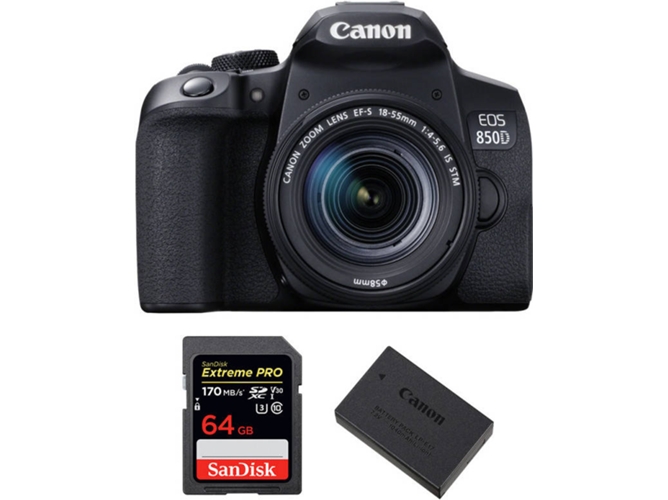 Kit Cámara CANON EOS 850D + EF-S 18-55mm f/4-5.6 IS STM + SanDisk 64 GB + Batería (APS-C)