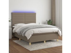 Cama Box Spring Colchón Y Luces Led Tela Gris Taupe 140x190 Cm