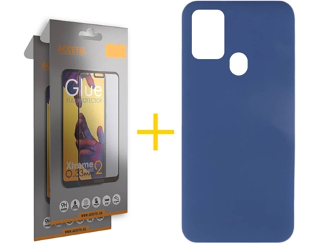 Funda y Protector de Vidrio Full 2 x Samsung Galaxy A21s ACCETEL Silicona Líquida Azul