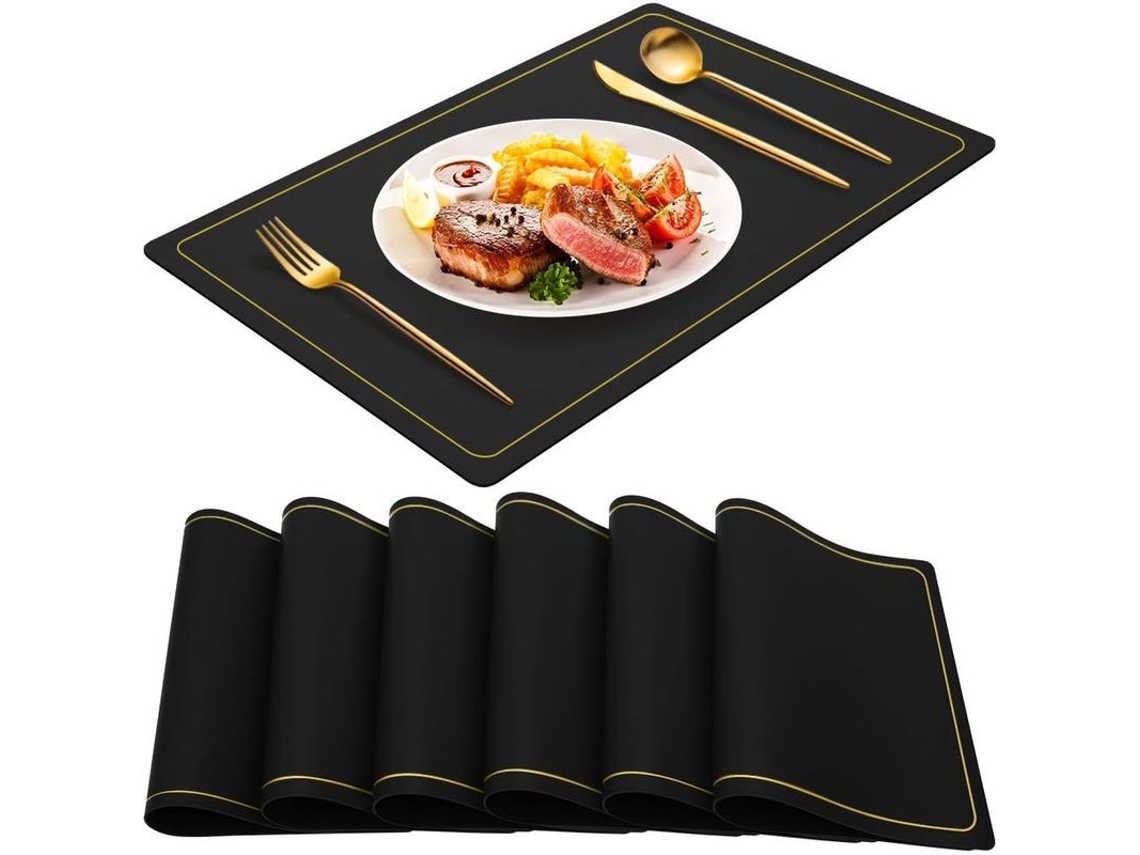 2026-tapetes De Mesa Negros Set De 6, De Cuero Pu Impermeable Lavable, Para Fiestas Y Decoración Hogar