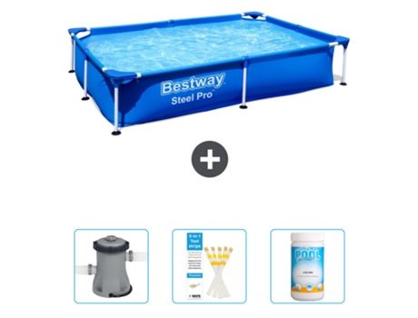 Piscina BESTWAY Rectangular Steel Pro - 221 x 150 x 43 cm - Azul - Incluida Bomba - Tiras de prueba - Cloro