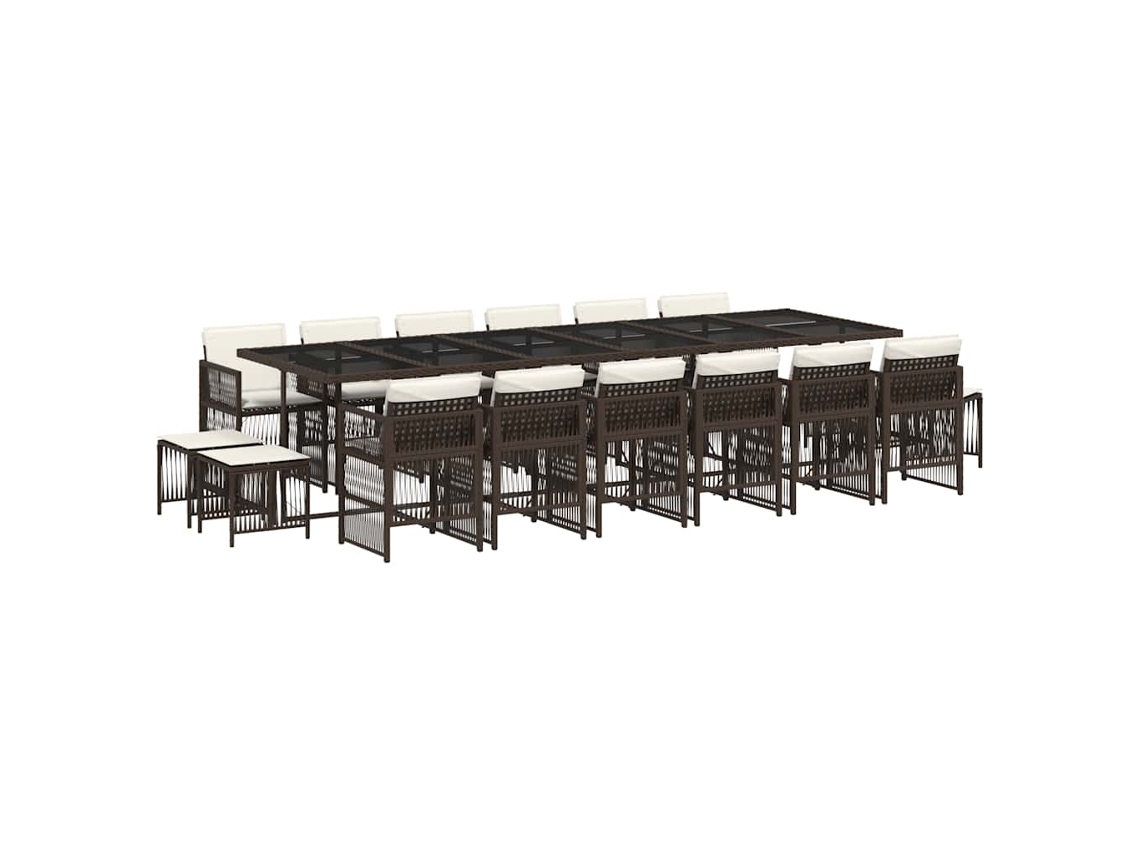 Juego de comedor de jardín de 17 piezas con cojines de mimbre, marrón, EXCLUSIVO DE LA CASA (17 piezas)