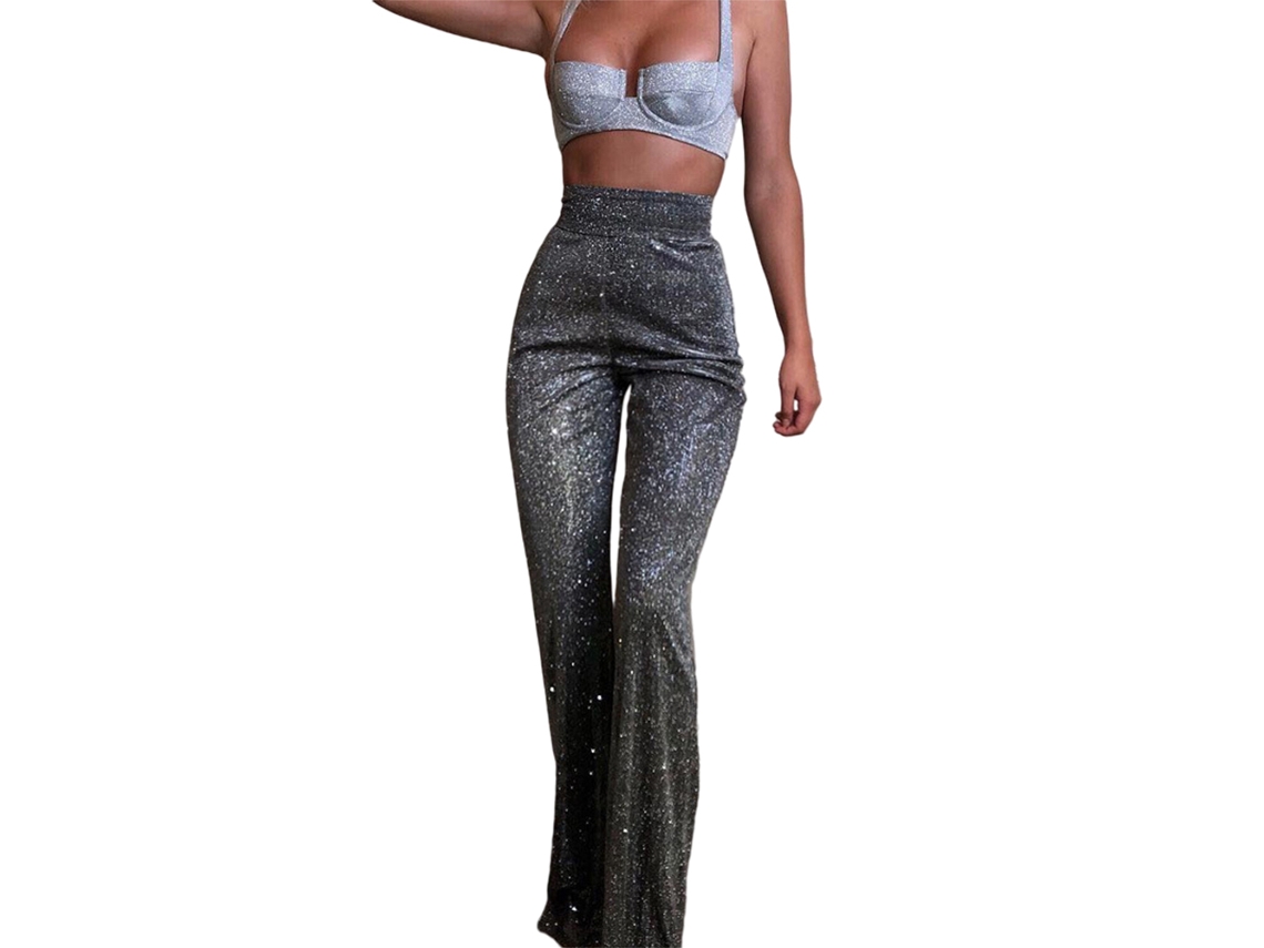 Pantalones Largos Holgados De Talle Alto Color Plata Para Mujer - Moda Diaria - Viajes