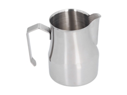 Jarra de acero inoxidable de 450 ml para espumar leche, ideal para latte art en casa. Color acero inoxidable.