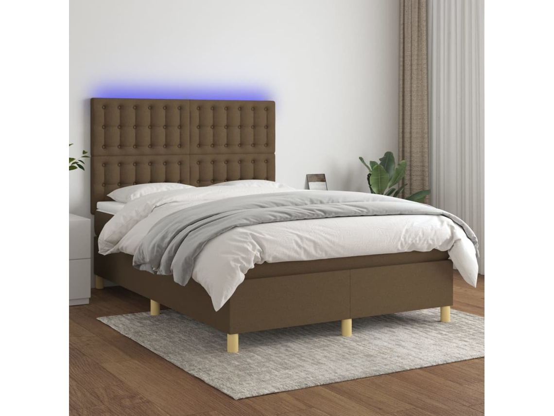Cama Box Spring Colchón Luces Led Tela Marrón Oscuro 140x190 Cm