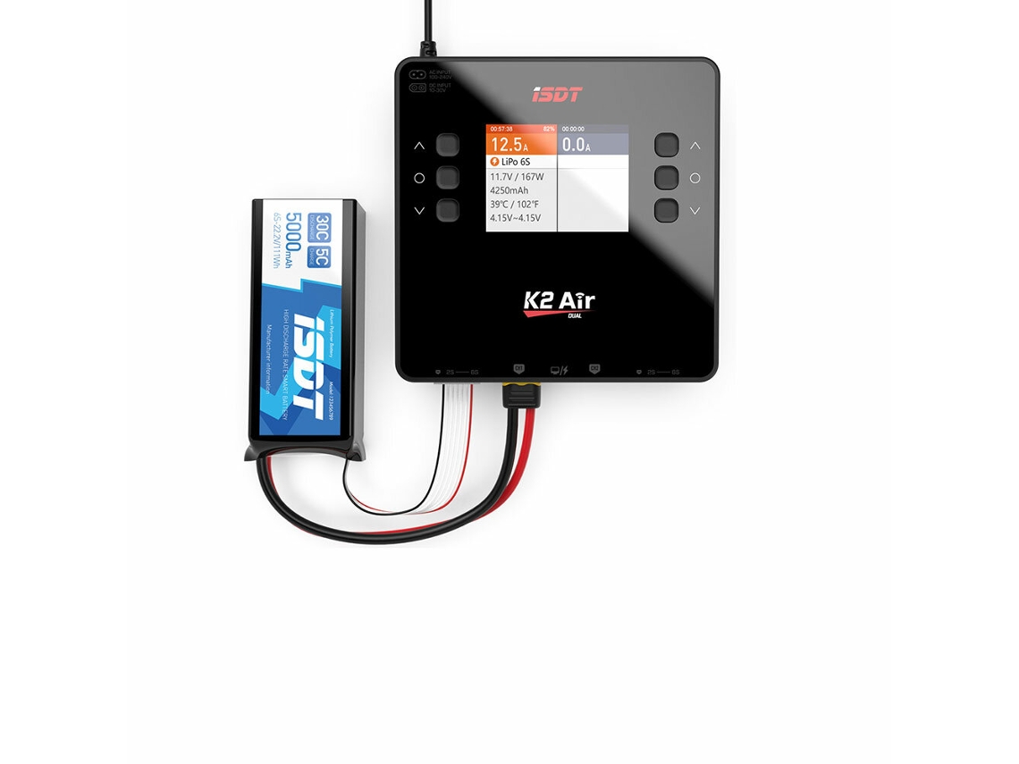 Cargador/descargador de equilibrio de doble canal ISDT K2 Air AC 200W DC 500Wx2 20A para baterías Lipo NiMH Pb