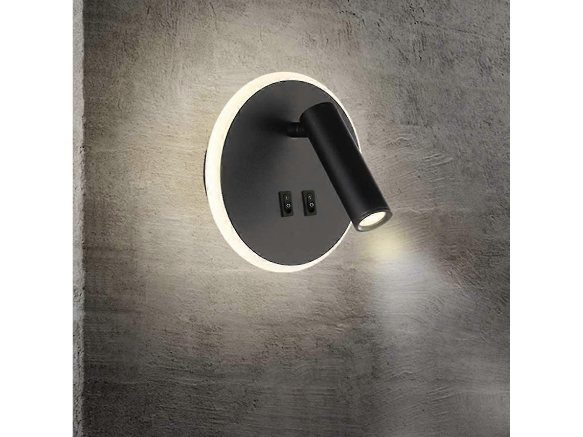 Lámpara de pared LED Rebe para dormitorio con interruptor, luz cálida, 3W+9W, aluminio negro, regulable, ideal para hoteles o pasillos.