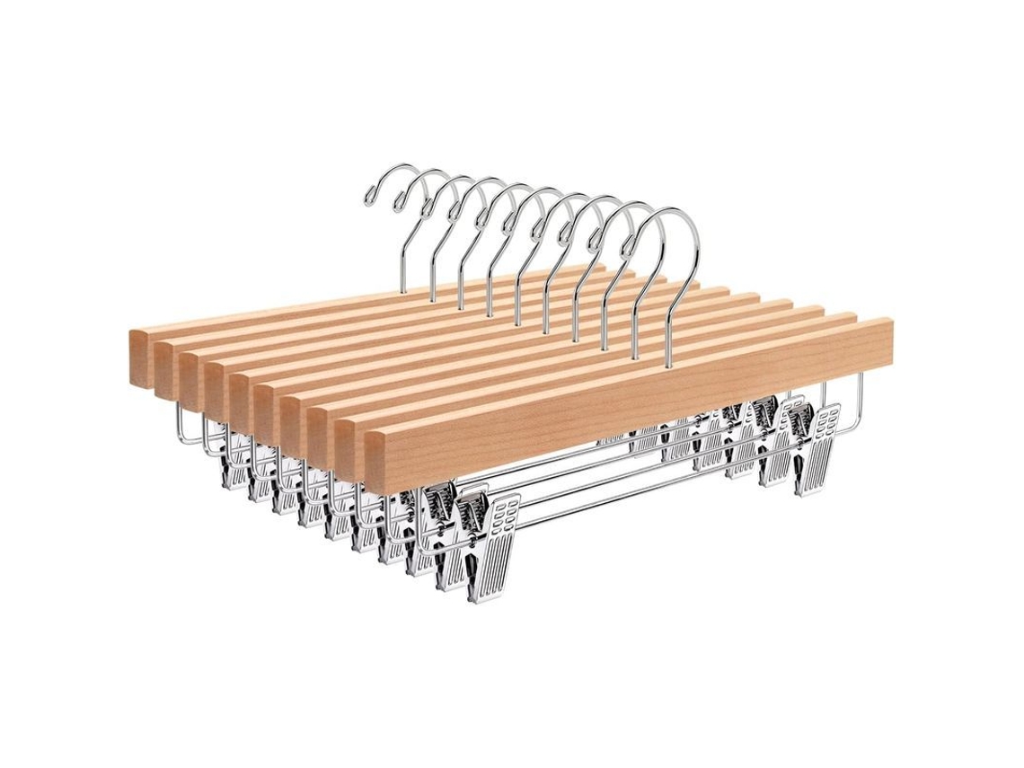 Juego De 10 Perchas De Madera Natural De 32 Cm Con Pinzas Antideslizantes Para Pantalones, Faldas, Calcetines Y Ropa Interior.