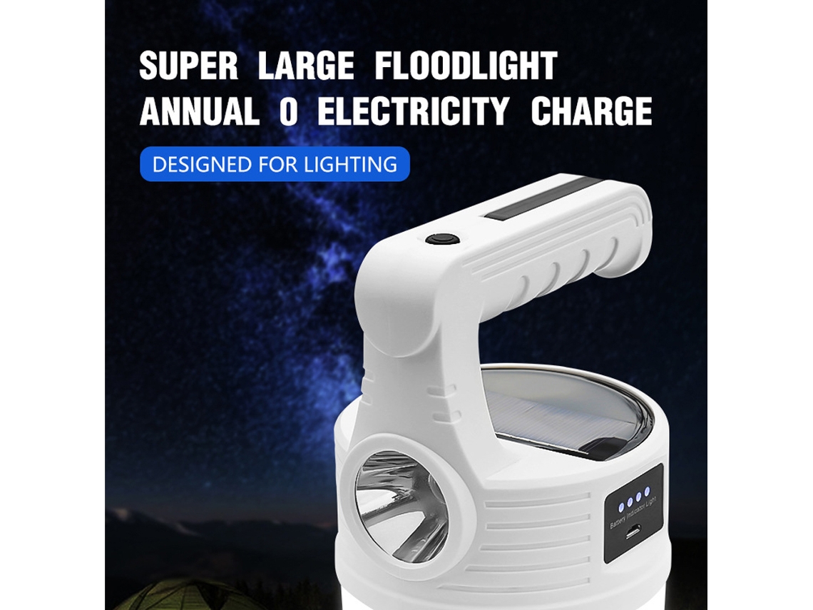 Linterna solar LED USB para camping con 10 modos, resistente al agua.