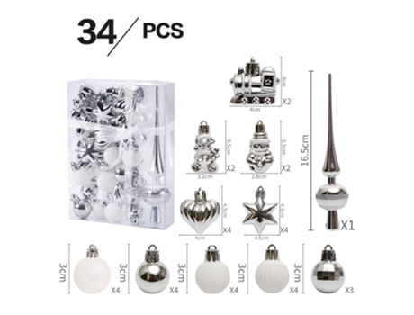 34 Bolas de Navidad Juego de decoración de Navidad, Plástico inastillable, Decoración de árbol de Navidad, Color plata blanco