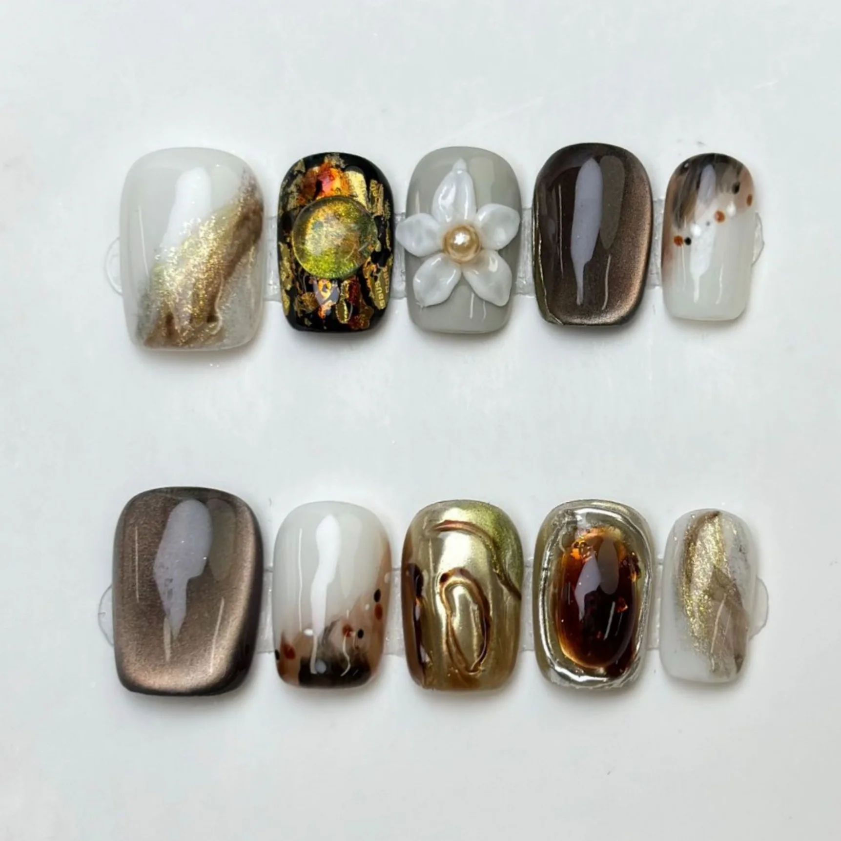 (b05-xs) Paquete De 10 Uñas Postizas Cortas, Cuadradas Y Redondas, Hechas A Mano, Estilo De Presión.