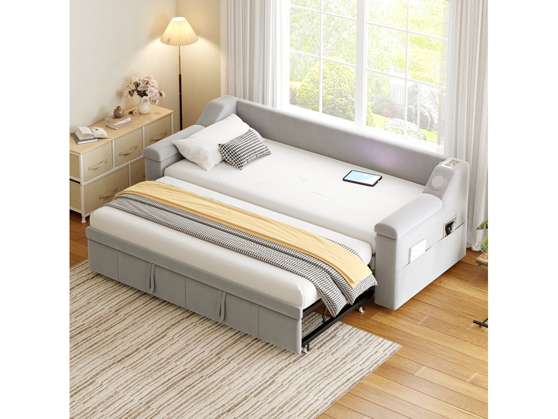 Sofá Cama Tapizado, 90/180x190 Cm, Con Sistema Estéreo Smart Bluetooth, Con Compartimentos De Almacenamiento, Con Somier, Gris Claro