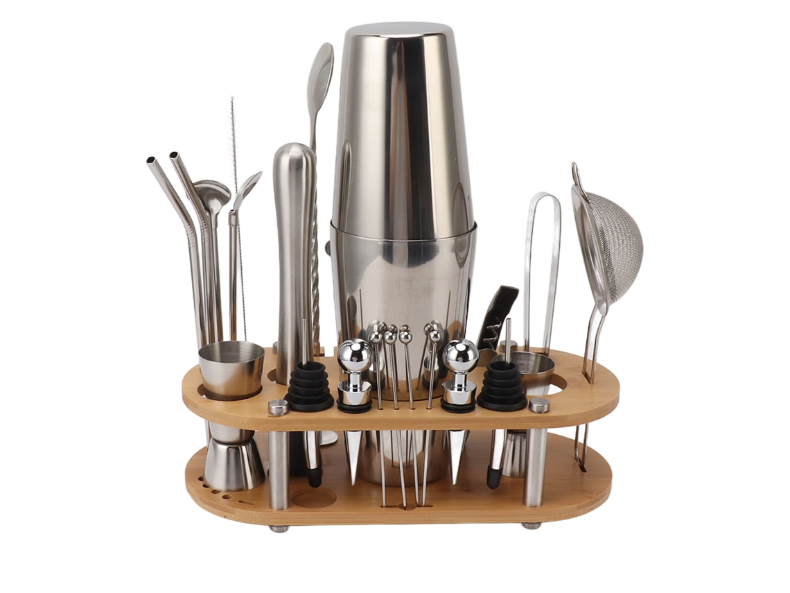 Kit De Coctelería De Acero Inoxidable Con Soporte De Bambú Y Accesorios Completos Para Bar Cocktail Shaker Set