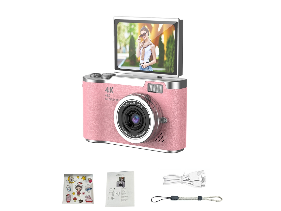 Cámara digital 4K de 48 MP para niños con enfoque automático y pantalla giratoria de 180° MDUG (rosa, 128 GB)