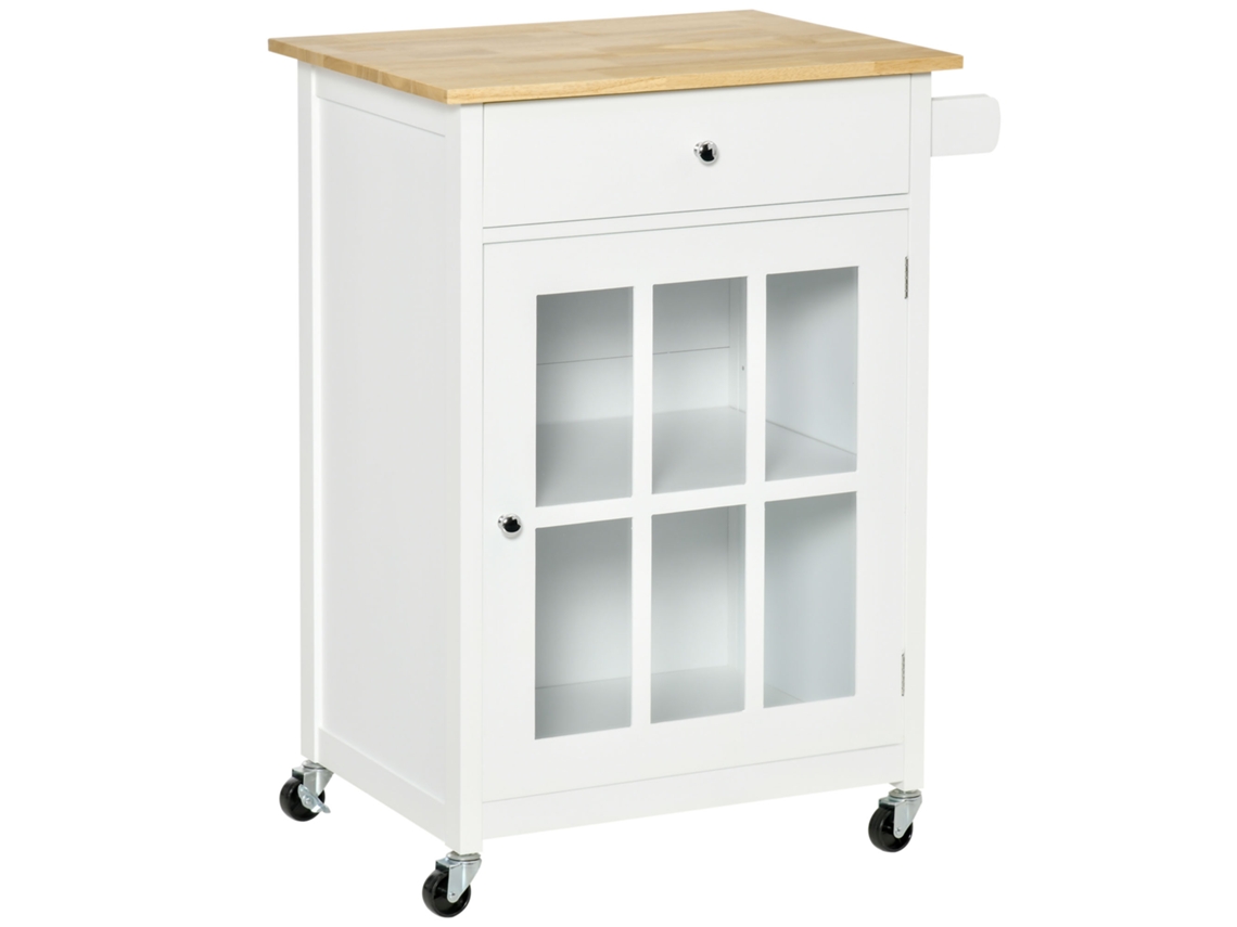 Carrito De Cocina Con Ruedas Multialmacenaje Armario Con Puerta De Cristal Estante Ajustable Cajón Y Porta Toallas Blanco Y Roble Claro