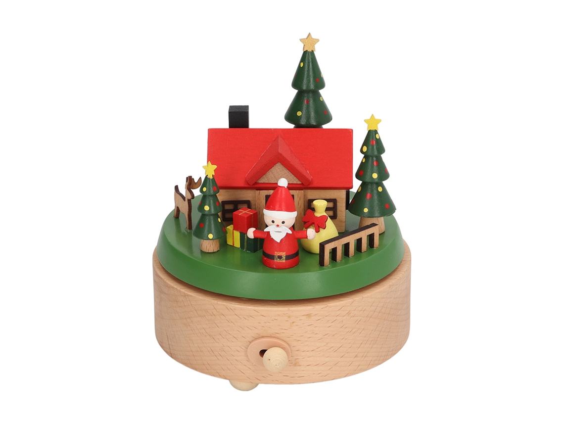 Caja de música navideña giratoria con forma de casa de Papá Noel, hecha de madera.