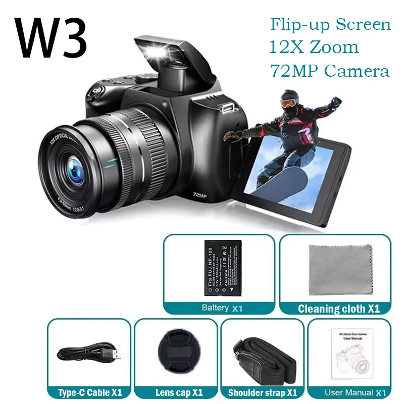(pantalla Abatible W3, Sin Tarjeta Sd) Cámara Digital 4k De 72 Mp, Zoom Óptico De 12x, Con Flash, Enfoque Automático Y Wifi.