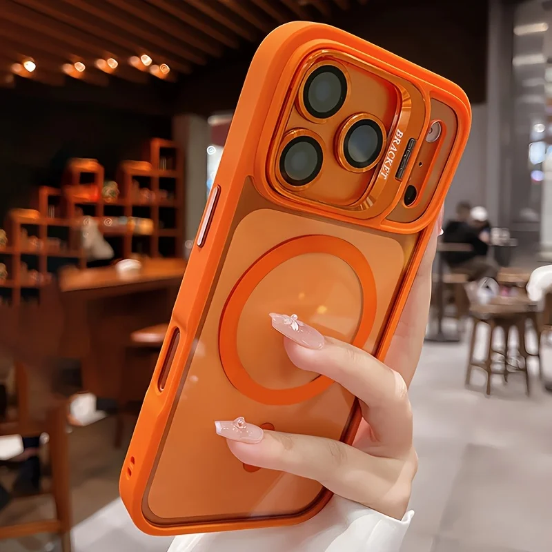 (iphone 15 Naranja) Funda Magnética Transparente Para Teléfono, Soporte Acrílico, Lente De Cristal