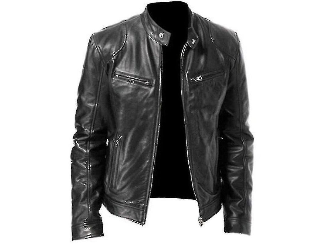 Fasst-chaqueta Moto De Cuero Falso Para Hombre Manga Larga Cremallera Collar Alto Casual