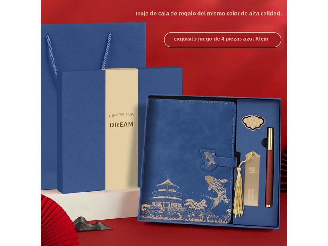 Set de regalo con libreta premium, marcapáginas y contenedor MDUG (azul)