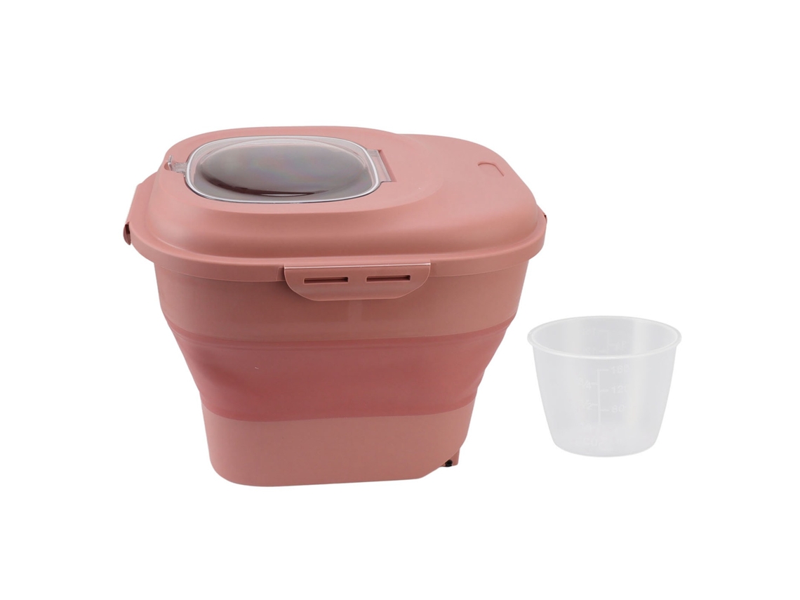 Recipiente plegable para almacenar arroz con ruedas y vaso medidor