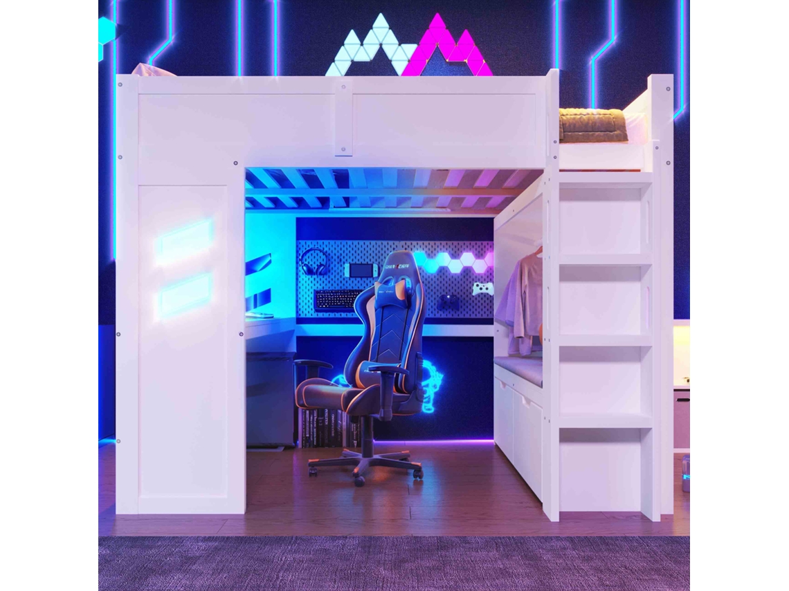 Cama Alta Gamer 140x200 Cm Com Escrivaninha, Led, Usb/tipo-c, Escada, Gaveta E Cabideiro, Branca (sem Colchão)