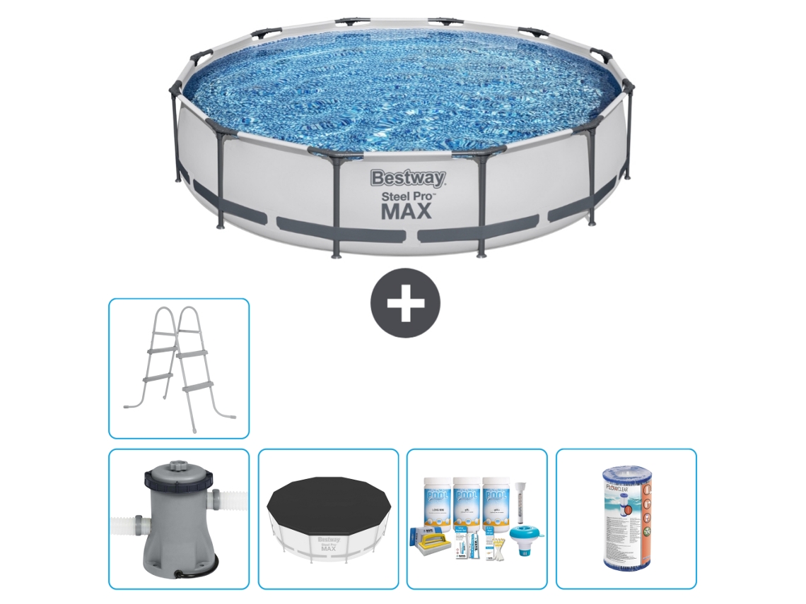 Piscina BESTWAY Round Steel Pro MAX - 366 x 76 cm - Gris - Bomba incluida Cubrir - Paquete de mantenimiento - Filtrar - Escalera