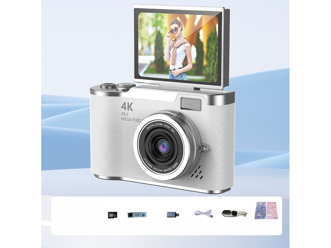 Cámara 4K de 48 MP para principiantes, pantalla abatible de 180°, enfoque automático, zoom 8x, tarjeta de 32 GB, color blanco.