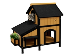 Caseta/refugio de madera de dos plantas para gatos, de exterior, 96x65x85,5 cm, acabado natural.