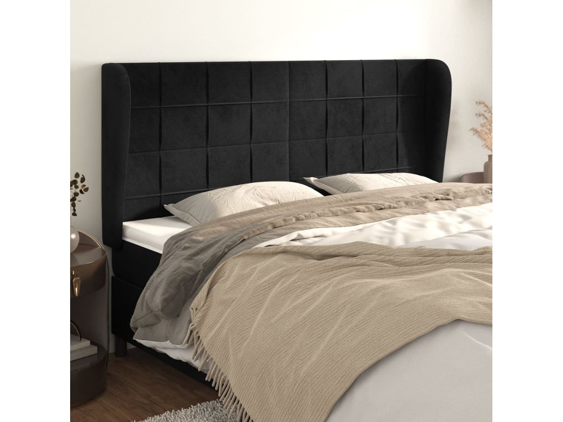 Cabecero Con Orejas De Terciopelo Negro 203x23x118/128 Cm