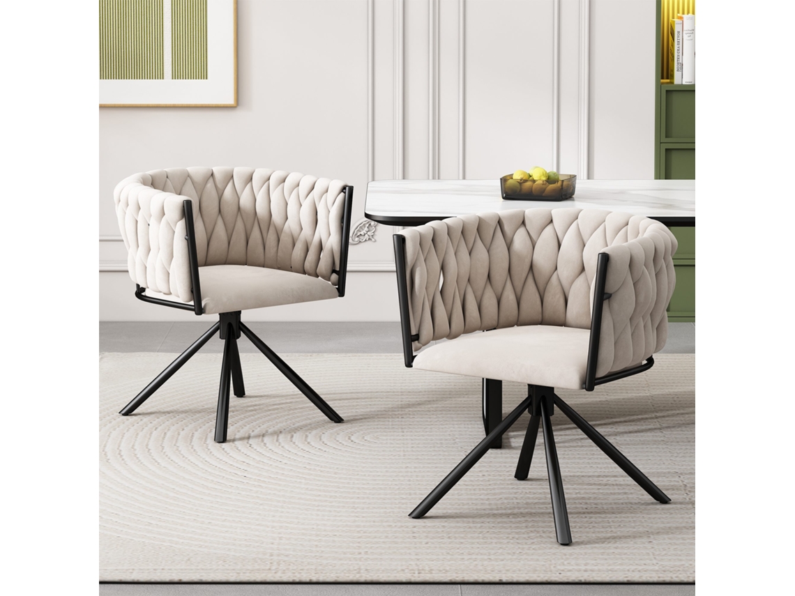 Juego de 2 sillas giratorias de terciopelo con brazos y patas de metal en estilo beige